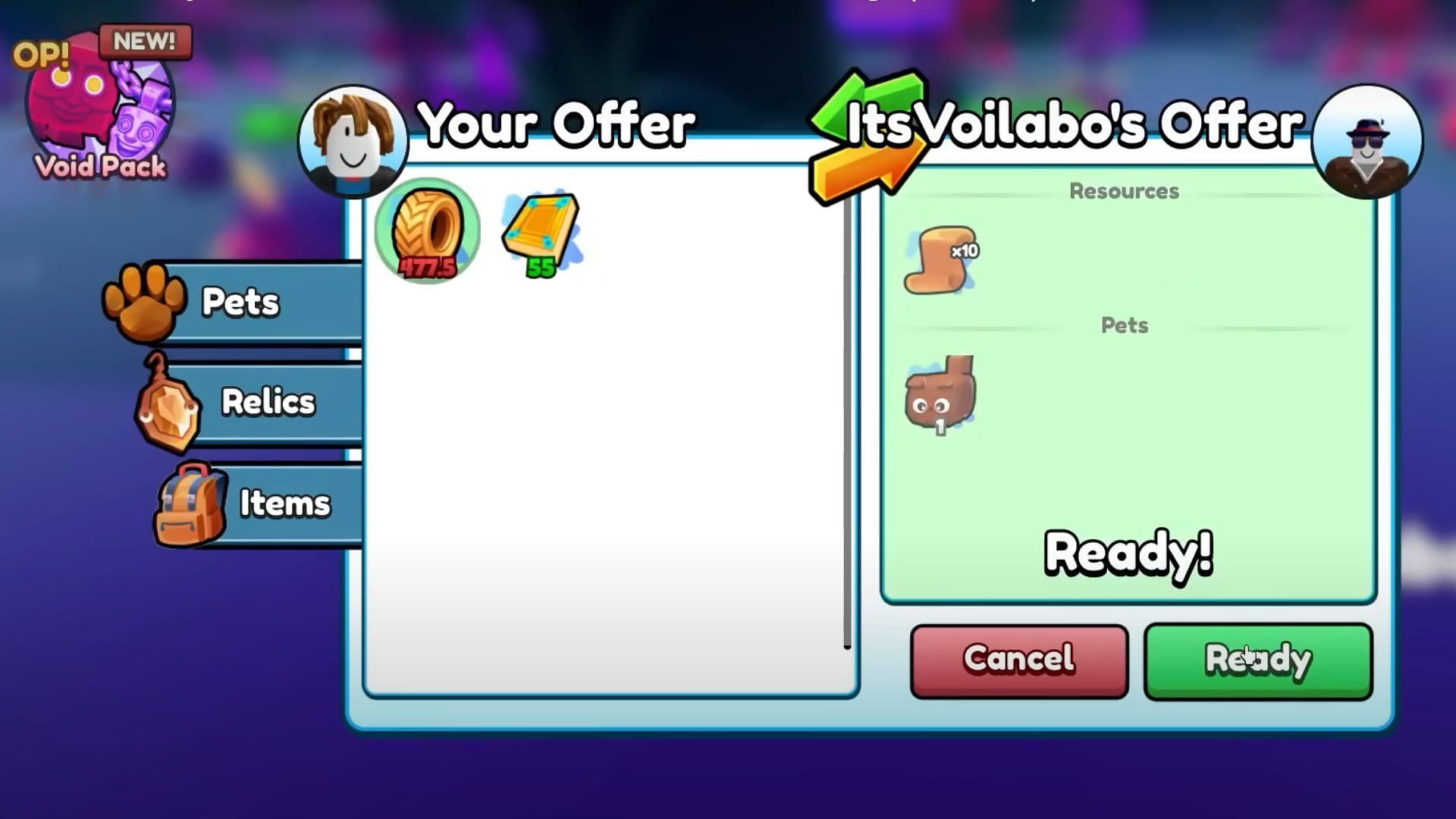 Finish a trade by pressing the "Ready" button (Image via Roblox|| YouTube/SmoreSim)